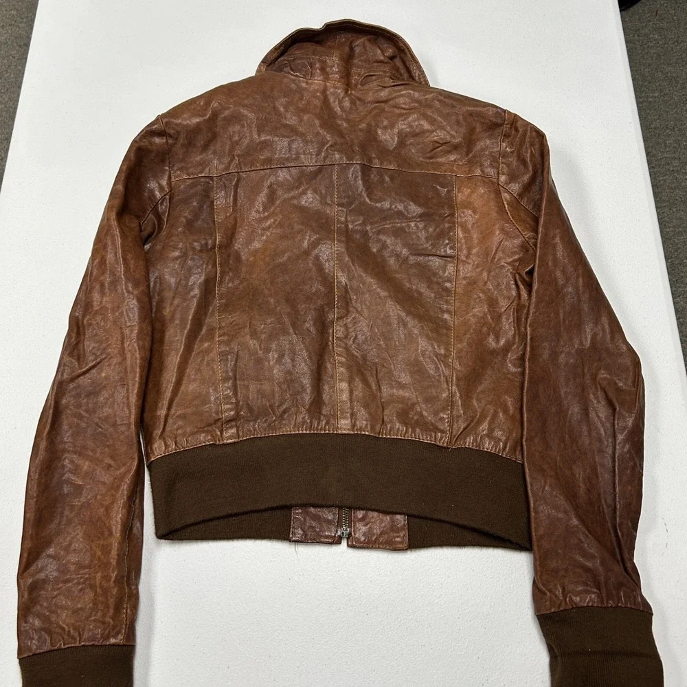 Please Bomber Jacket Womens S Brown Leather Made in Italy Distressed Aviator